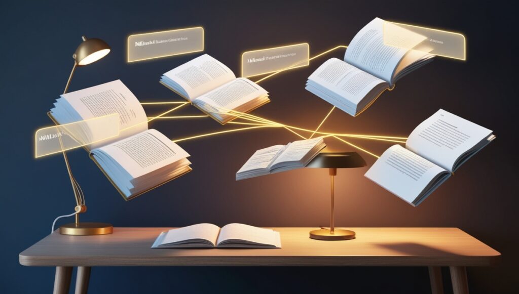 Leonardo_Phoenix_09_3D_floating_open_book_pages_and_documents_0